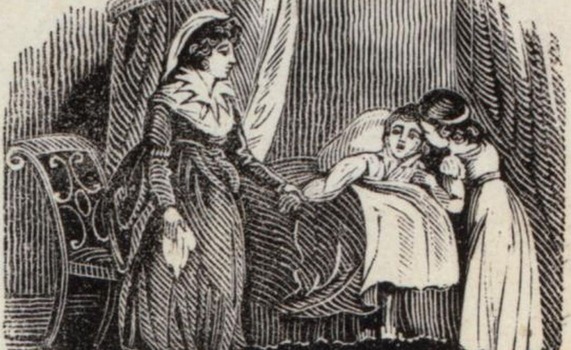 Drawing of a woman standing by a boy's bedside