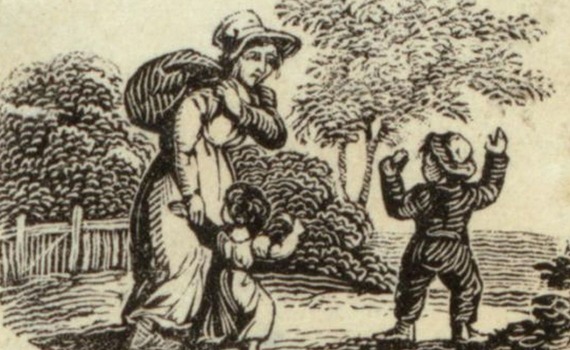Engraving a woman holding a bag and leading two children down a road