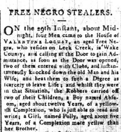Newspaper article from the Weekly Raleigh Register about the Locus children kidnapping