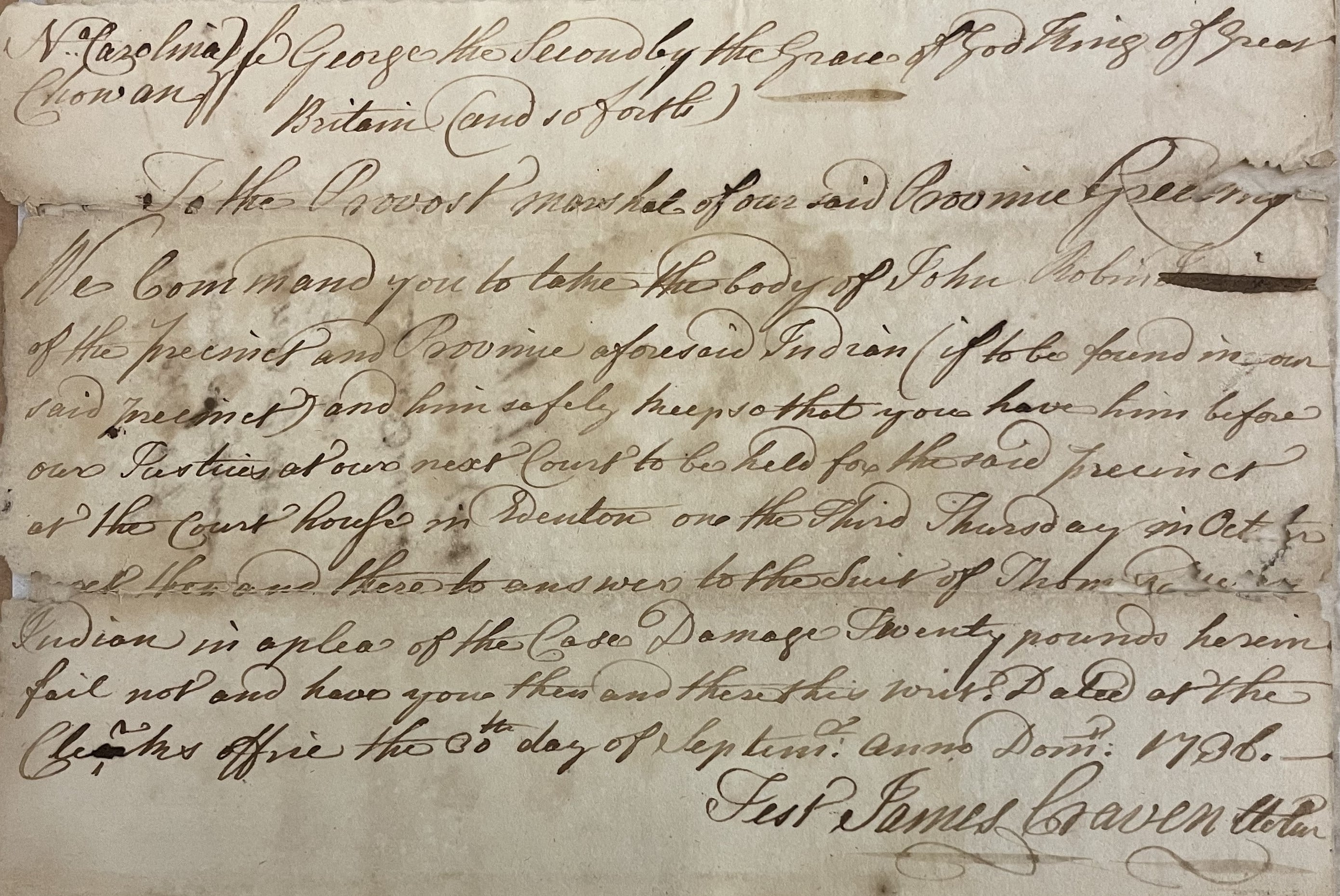 Warrant from James Craven to James Trotter for John Robins, 30 September 1736, page 1