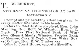 Newspaper Ad for Bickett's Law Practice, 1895