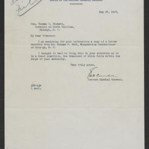 Letter from Enoch H. Crowder to Gov. Bickett, May 27, 1917