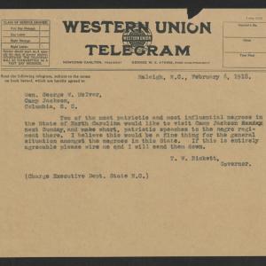 Telegram from Gov. Bickett to George W. McIver, February 6, 1918
