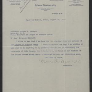 Letter from Charles F. Meserve to Gov. Bickett, August 29, 1918