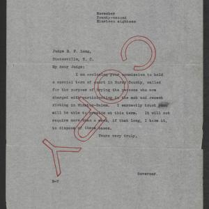 Letter from Gov. Bickett to Benjamin F. Long, November 22, 1918