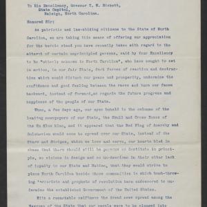 A Memorial of Thanks to Governor T. W. Bickett from the Citizens of Lexington, N.C., ca. July 1919, page 1