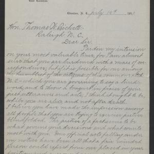 Letter from William J. Herritage to Gov. Thomas W. Bickett, July 14, 1919, page 1