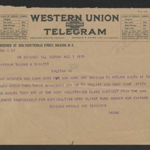 Telegram from the Chicago Herald and Examiner to Gov. Thomas W. Bickett, August 1, 1919