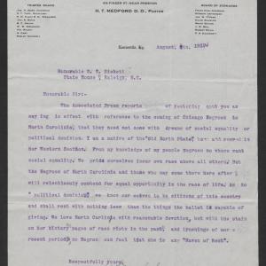 Letter from Hampton T. Medford to Gov. Thomas W. Bickett, August 4, 1919