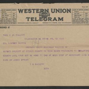 Telegram from Thomas W. Bickett to Santford Martine, April 19, 1920