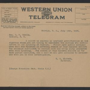 Telegram from Thomas W. Bickett to Samuel M. Gattis, July 14, 1920