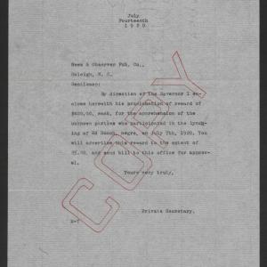 Letter from Santford Martin to the News & Observer, July 14, 1920