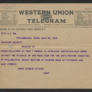 Telegram from Annie Biddle Stiring to Thomas W. Bickett, July 20, 1920