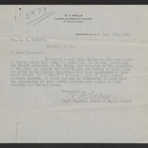 Letter from Robert V. Wells to Thomas W. Bickett, July 28, 1920