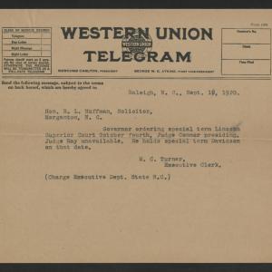 Telegram from Mamie C. Turner to Robert L. Huffman, September 17, 1920