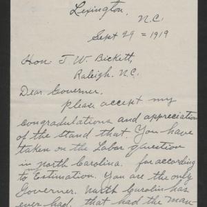 Letter from Charles R. Hilton to Thomas W. Bickett, September 29, 1919, page 1