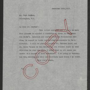 Letter from Thomas W. Bickett to Hugh MacRae, December 13, 1918