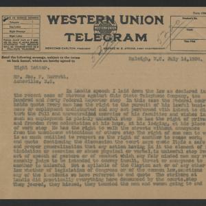Telegram from Thomas W. Bickett to James F. Barrett, July 14, 1920, page 1