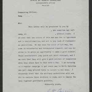 Form letter from Thomas W. Bickett to the Commanding Officers of Deserters, Circa 1918