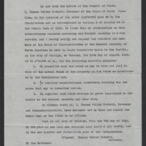 Proclamation by Governor Thomas W. Bickett Convening the General Assembly in Extra Session, July 2, 1920