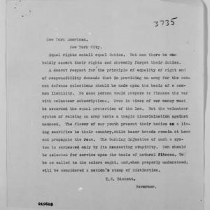 Telegram from Thomas W. Bickett to the New York American, April 1917