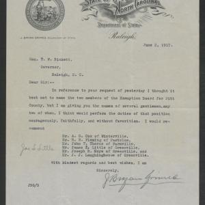 Letter from J. Bryan Grimes to Thomas W. Bickett, June 2, 1917