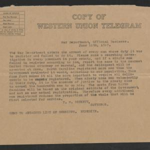 Telegram from Thomas W. Bickett to North Carolina Sheriffs, June 11, 1917