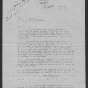 Letter from Edwin T. Cansler to Thomas W. Bickett, September 3, 1917