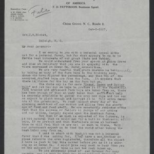 Letter from Franklin D. Patterson to Thomas W. Bickett, October 1, 1917