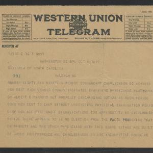 Telegram from Enoch H. Crowder to Thomas W. Bickett, October 9, 1917, page 1