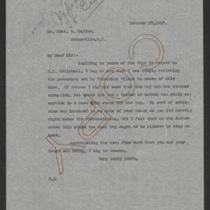 Letter from Thomas W. Bickett to Robert R. Taylor, October 27, 1917