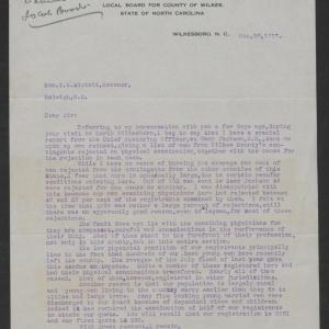 Letter Frank B. Hendren to Thomas W. Bickett, October 30, 1917