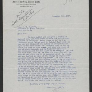 Letter from Thomas L. Johnson to Thomas W. Bickett, November 7, 1917
