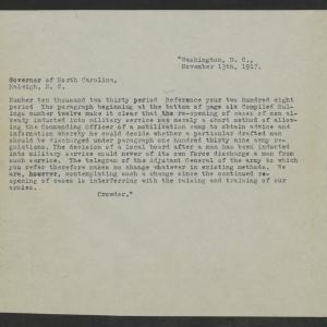 Telegram from Enoch H. Crowder to Thomas W. Bickett, November 13, 1917