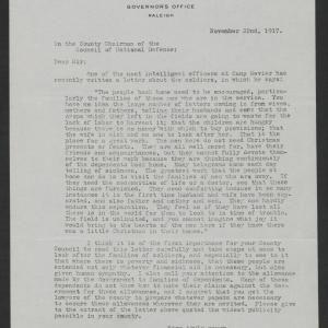 Letter from Thomas W. Bickett to the County Chairman of the Council of National Defense, November 22, 1917