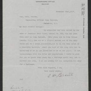 Letter from Thomas W. Bickett to Charles J. Bailey, November 22, 1917