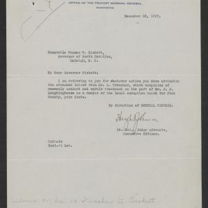 Letter from Hugh S. Johnson to Thomas W. Bickett, December 28, 1917
