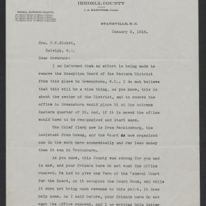 Letter from James A. Hartness to Thomas W. Bickett, January 5, 1918, page 1