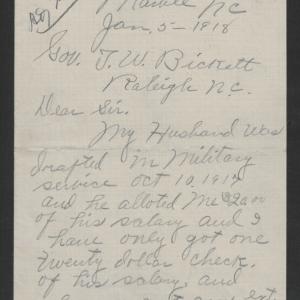 Letter from Minnie A. B. Rowland to Thomas W. Bickett, January 5, 1918, page 1