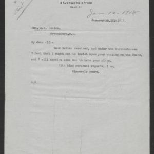 Letter from Thomas W. Bickett to Alfred M. Scales, January 12, 1918