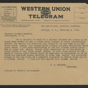 Telegram from Thomas W. Bickett to Enoch H. Crowder, February 9, 1918