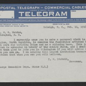 Telegram from Thomas W. Bickett to William G. McAdoo, February 11, 1918