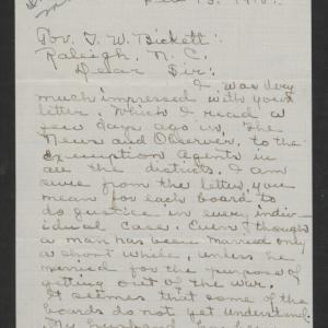 Letter from Alma F. P. Keen to Thomas W. Bickett, February 13, 1918, page 1