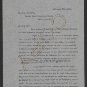Letter from Thomas W. Bickett to Lacy D. Wharton, February 15, 1918, page 1