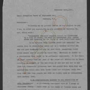 Letter from Thomas W. Bickett to the Edgecombe County Exemption Board, February 16, 1918, page 1