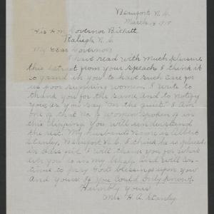 Letter from Hallise E. Stanley to Thomas W. Bickett, March 14, 1918