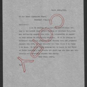 Letter from Thomas W. Bickett to the Carteret County Exemption Board, March 15, 1918