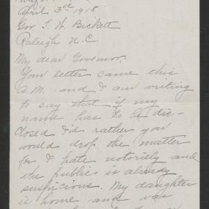 Letter from Sarah R. L. White to Thomas W. Bickett, April 3, 1918, page 1