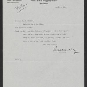Letter from Edward N. Hurley to Thomas W. Bickett, April 4, 1918