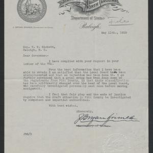Letter from J. Bryan Grimes to Thomas W. Bickett, May 11, 1918